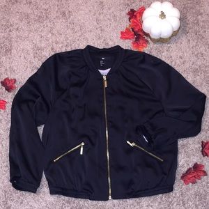 H&M Black cropped bomber jacket with gold zippers